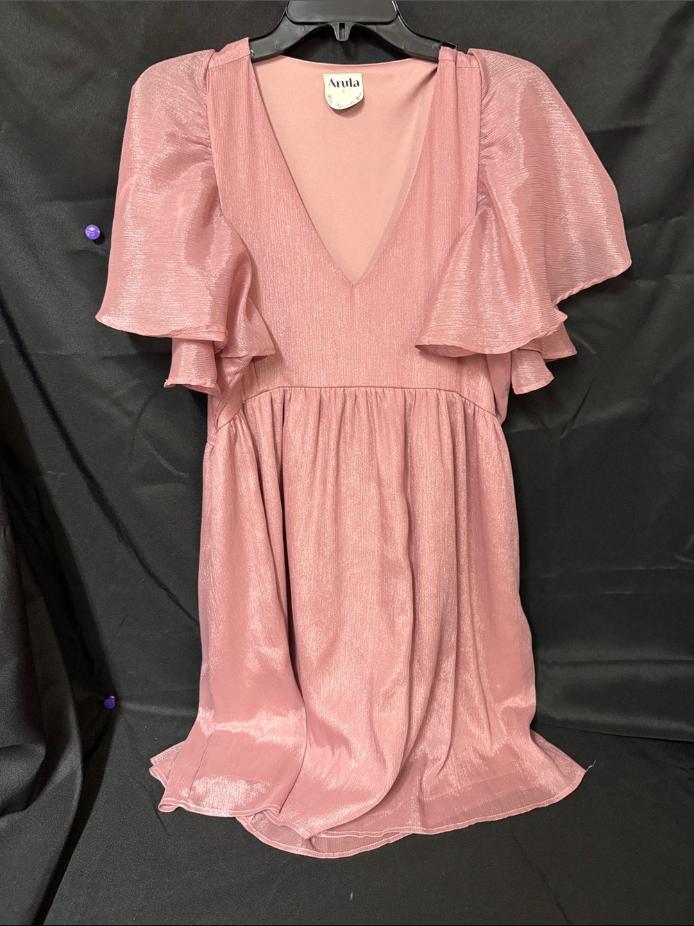 ARULA Dusky Pink Shimmer Ruffle V-Neck Dress
